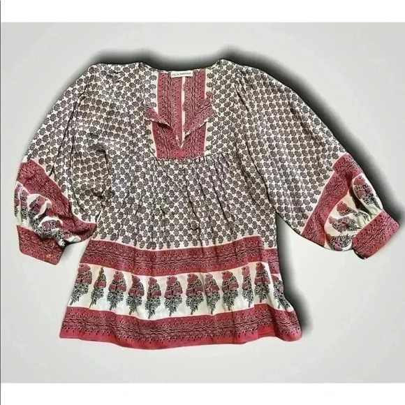ulla johnson Silk Indian Color Block Floral Long Sleeve Bohemian Blouse Sz 4. - Picture 1 of 6